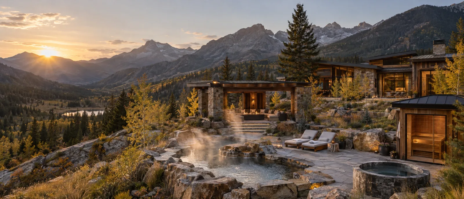 Mountain retreat at sunset with steaming stone soak pools, outdoor sauna, and fire pavilion overlooking a valley
